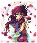  blurry flower green_eyes highres holding holding_flower japanese_clothes kurama long_hair male_focus md5_mismatch petals red_hair rose solo tsukasaki_ryouko upper_body yuu_yuu_hakusho 