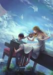  1girl arima_kousei bare_shoulders black_hair blonde_hair bow_(instrument) cloud dress glasses highres instrument long_hair miyazono_kawori piano shadow sheet_music shigatsu_wa_kimi_no_uso shoes sitting sitting_on_piano violin w.t white_dress 