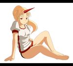  bad_id bad_nicoseiga_id bare_legs barefoot black_panties blonde_hair breasts buruma full_body hand_on_hip highres horn hoshiguma_yuugi letterboxed long_hair long_ponytail looking_at_viewer mimiru_(mimill) panties pointy_ears ponytail red_eyes short_sleeves simple_background sitting slit_pupils small_breasts solo touhou underwear white_background 