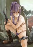  alternate_hairstyle boots bra crescent crescent_hair_ornament downscaled gun hair_ornament handgun highres long_hair looking_to_the_side md5_mismatch midriff muchi_maro navel panties patchouli_knowledge ponytail purple_eyes purple_hair resized revolver solo thong touhou underwear underwear_only weapon 