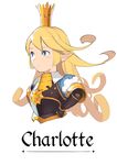  armor blonde_hair blue_eyes blush breastplate charlotta_fenia crown granblue_fantasy hand_on_hip level.21 long_hair pointy_ears puffy_short_sleeves puffy_sleeves short_sleeves simple_background solo upper_body white_background 