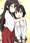  absurdres akagi_(kantai_collection) black_hair black_skirt blush brown_hair commentary_request hakama_skirt hayasui_(kantai_collection) heart highres hug jacket japanese_clothes kantai_collection long_hair miniskirt multiple_girls pleated_skirt red_skirt ryuki_(ryukisukune) short_hair silver_eyes skirt smile sweat track_jacket 