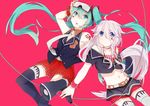  absurdres blue_eyes goggles goggles_on_head green_eyes green_hair hatsune_miku highres ia_(vocaloid) long_hair megaphone midriff multiple_girls navel necktie piano_print pink_hair print_legwear red_background shijimineko skirt thighhighs twintails very_long_hair vocaloid 