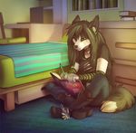  2015 alice_(aatar) anthro bed blanket book canine clothing dog female green_eyes green_highlights headphones koul mammal pen pillow smile solo 