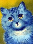  ambiguous_gender blue_fur blue_nose cat cute feline fur license_info louis_wain low_res mammal portrait public_domain simple_background solo traditional_media_(artwork) whiskers yellow_background yellow_eyes 