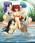  6girls angry black_hair blue_hair blush breast_grab breasts cleavage dark_skin female grabbing green_eyes hair_ribbon hairband harem horns kneeling large_breasts long_hair multiple_girls navel open_mouth pink_eyes ponytail purple_eyes purple_hair red_hair ribbon shinmai_maou_no_testament short_hair sitting sky smile white_hair yellow_eyes yuri yuriwhale zest 