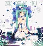  2015 animal bad_id bad_pixiv_id blush breasts bug bustier butterfly character_name cleavage copyright_name corset dangmill deer earrings flower gloves green_eyes green_hair hat hatsune_miku highres insect jewelry long_hair medium_breasts mini_hat mini_top_hat panties revision side-tie_panties sitting skindentation solo thighhighs top_hat twintails underwear very_long_hair vocaloid wariza white_gloves white_legwear 