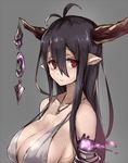  antenna_hair bad_id bad_pixiv_id bandaged_arm bandages bangs bare_shoulders breasts cleavage collarbone crescent danua draph dress eyes_visible_through_hair granblue_fantasy grey_background hair_between_eyes horn_ornament horns jewelry kyouki large_breasts long_hair looking_away looking_to_the_side necklace no_bra pointy_ears purple_hair red_eyes ribs sideboob solo strap_gap tareme upper_body white_dress 