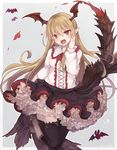  :d bangs bat bat_wings black_legwear black_skirt blonde_hair blush demon_tail fang flower frilled_shirt_collar frilled_skirt frills granblue_fantasy hair_between_eyes hand_on_own_cheek head_wings knees_together_feet_apart leg_up long_hair long_sleeves multiple_tails open_mouth orange_eyes outline pointy_ears red_flower red_rose riruno rose shingeki_no_bahamut shirt skirt smile solo sparkle tail thighhighs twitter_username v-shaped_eyebrows vampire vampy white_shirt wings zettai_ryouiki 