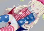  1girl alternate_legwear american_flag_legwear american_flag_shirt blonde_hair blush clownpiece dutch_angle grey_background hat ishikkoro jester_cap long_hair looking_at_viewer looking_down one_eye_closed open_mouth panties print_legwear red_eyes shirt shirt_lift short_sleeves simple_background smile solo star striped thighhighs touhou underwear white_panties 