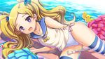  baton blonde_hair emily_stewart hanao_(kuma-tan_flash!) idolmaster idolmaster_million_live! long_hair lying on_side pom_poms purple_eyes rubber_duck sailor_collar solo thighhighs twintails 