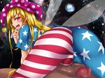  1girl akehi_yuki american_flag american_flag_dress american_flag_legwear ass blonde_hair blush brown_eyes cameltoe censored clothed_female_nude_male clownpiece commentary_request dark_skin dark_skinned_male fairy_wings frenulum from_behind girl_on_top grinding hat hetero humping jester_cap long_hair looking_back mosaic_censoring naughty_face nude open_mouth pantyhose penis polka_dot precum red_eyes short_sleeves smile solo_focus straddling touhou very_long_hair wings 