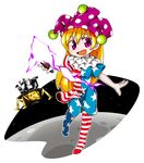  blonde_hair blush_stickers byourou clownpiece fang hat jester_cap leg_lift long_hair open_mouth pantyhose print_legwear purple_eyes solo striped striped_legwear torch touhou white_background 