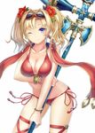  axe battle_axe bikini blonde_hair blue_eyes breasts cleavage eyewear_on_head granblue_fantasy large_breasts long_hair mizya red_bikini shawl solo sunglasses swimsuit twintails weapon zeta_(granblue_fantasy) 