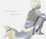  armor fox japanese_armor looking_back magatama male_focus menpoo nakigitsune nakigitsune's_fox shala_(lsxia3280) sitting touken_ranbu white_hair yellow_eyes 