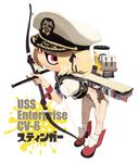  blonde_hair borrowed_character bow_(weapon) commentary_request domino_mask enterprise_(pacific) gun hair_ribbon hand_on_own_knee handgun hat high_heels inkling kantai_collection leaning_forward mask original pacific peaked_cap pointy_ears red_eyes revolver ribbon sailor short_hair siirakannu splatoon_(series) splatoon_1 translated uss_enterprise_(cv-6) weapon 