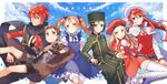  3girls aliese_martini asahikawa_hiyori aty_(summon_night) belfraw_martini black_hair blonde_hair blue_eyes brown_eyes brown_hair fingerless_gloves gloves hat long_hair multiple_boys multiple_girls necktie nup_martini orange_eyes orange_hair red_hair rexx summon_night summon_night_3 thighhighs twintails 