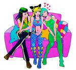  black_hair blonde_hair chromatic_aberration couch double_bun ermes_costello foo_fighters green_hair hairlocs heart jojo_no_kimyou_na_bouken kuujou_jolyne multiple_girls overalls yyy246 