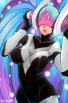  absurdres alternate_costume blue_hair bodysuit breasts dj dj_sona headphones helmet highres kkun88 large_breasts league_of_legends lips listening_to_music nose smile solo sona_buvelle visor 