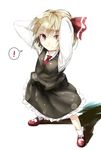  1girl arm_behind_head arms_up blonde_hair gorilla_(bun0615) hair_ribbon highres long_sleeves mary_janes necktie red_eyes ribbon rumia shirt shoes short_hair skirt skirt_set smile solo spoken_exclamation_mark touhou vest 