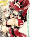  blue_eyes breast_grab breasts center_opening cleavage grabbing guilty_gear guilty_gear_xrd halo hat i-no jack-o'_valentine large_breasts multiple_girls no_bra open_mouth oro_(sumakaita) red_eyes red_hat white_hair yuri 