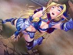  1girl blonde_hair blue_eyes breasts bubuzuke censored crying crying_with_eyes_open defeated drooling female ferrill game_cg headband hekigan_no_soukishi_ferrill_to_ririka long_hair midriff navel nipples open_mouth pointy_ears saliva solo stomach_bulge sweat tears torn_clothes torn_thighhighs 