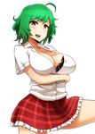  adapted_costume black_bra bra breasts cleavage commentary_request cowboy_shot green_hair hand_on_own_chest kazami_yuuka lace lace-trimmed_bra large_breasts looking_at_viewer mattari_yufi miniskirt open_clothes open_mouth open_shirt red_eyes shirt short_sleeves skirt smile solo touhou underwear 