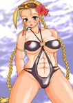  abs ahoge antenna_hair armlet arms_behind_back bikini black_bikini blonde_hair blue_eyes blush braid breasts cammy_white cleavage collarbone cowboy_shot earrings eyewear_on_head fat_mons flower hair_flower hair_ornament halterneck hibiscus highres huge_ahoge jewelry large_breasts lips long_hair one-piece_tan parted_lips sakkun scar solo street_fighter sunglasses swimsuit tan tanline thick_thighs thighs twin_braids underboob 