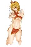  @_@ barefoot blonde_hair breasts china_dress chinese_clothes commentary_request cookin dress fang foreshortening highres large_breasts loincloth navel navel_cutout revealing_clothes side_cutout solo toes toramaru_shou touhou trembling underboob waist_cutout yellow_eyes 