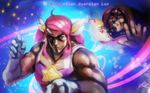  ahoge alternate_costume commentary_request crossover dark_skin dark_skinned_male eyebrows ezreal fighting_stance gloves hair_ornament hokuto_no_ken kenshirou league_of_legends luxanna_crownguard magical_girl manly multiple_boys muscle parody phantom_ix_row pink_hair raou_(hokuto_no_ken) solo_focus star star_guardian_lux style_parody taric thick_eyebrows twintails white_gloves 