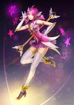  \m/ ahoge alternate_costume alternate_hair_color alternate_hairstyle ankle_wings armlet badcompzero choker elbow_gloves flat_chest full_body gloves hand_on_hip league_of_legends luxanna_crownguard magical_girl pink_hair purple_choker sailor_collar skirt solo standing standing_on_one_leg star star_guardian_lux starry_background thighhighs tiara twintails wand white_gloves zettai_ryouiki 