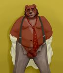  2015 anthro balls bear belly black_nose brown_fur brown_hair chest_tuft clothed clothing eyebrows eyewear facial_hair fur gator_(artist) glasses hair half-erect hi_res looking_at_viewer male mammal moobs navel necktie nipples open_mouth overweight pants partially_clothed penis professor pubes shirt sideburns simple_background smile solo standing suspenders teeth thick_eyebrows tuft uncut unzipped vein veiny_penis yellow_background 