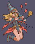  1girl bare_legs blonde_hair breasts dark_magician_girl duel_monster female green_eyes hat heart long_hair looking_at_viewer simple_background solo wand wizard_hat yu-gi-oh! yuu-gi-ou_duel_monsters yuuho 