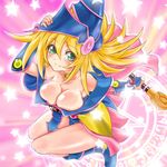  bare_legs blonde_hair boots breasts cleavage dark_magician_girl duel_monster female full_body gradient gradient_background green_eyes hat large_breasts legs long_hair looking_at_viewer magic magic_circle no_bra puspus shiny_skin smile solo striped_background wand wizard_hat yu-gi-oh! yuu-gi-ou_duel_monsters 