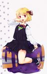  blonde_hair blueberry bow cake eating food fork fruit hair_bow highres mary_janes murani red_eyes rumia shoes skirt solo touhou 