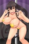  black_hair bouncing_breasts breasts cleavage collarbone double_v fang highres kurochijo large_breasts long_hair looking_at_viewer nude one_eye_closed open_mouth original pasties pole pole_dancing red_eyes shuugetsu_karasu smile solo star_pasties stripper_pole sweat v very_long_hair 
