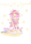  absurdres ahoge alternate_costume alternate_hair_color alternate_hairstyle between_legs choker copyright_name elbow_gloves gloves hand_between_legs highres kiku_(mmyko) league_of_legends luxanna_crownguard magical_girl pink_hair purple_choker purple_eyes sailor_collar sitting solo star_guardian_lux tiara twintails wariza white_gloves 