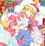  3: animal_ears apricot_(yamai) bed blanket blush bow bunny_ears closed_eyes commentary_request fox_ears fox_tail gift hair_ribbon hat lying lying_on_person multiple_girls navel on_back on_bed on_stomach open_mouth open_pajamas orange_hair original pajamas pajamas_pull panties pillow ponytail ribbon santa_hat sleeping striped striped_panties tail underwear usa_(yamai) white_hair yamai 