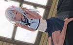  blue_skirt closed_eyes double_v dutch_angle flower hair_flower hair_ornament kantai_collection kurorichin long_hair midriff navel ro-500_(kantai_collection) school_uniform serafuku silver_hair sitting skirt sleeveless smile solo tan tanline v 