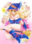  1girl ass bare_legs blonde_hair blush boots breasts dark_magician_girl esunoji female flower green_eyes hat large_breasts legs long_hair looking_at_viewer necklace simple_background smile solo staff underwear wizard_hat yu-gi-oh! 