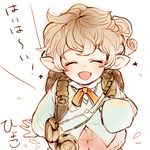  :d androgynous backpack bag bangs blush brown_hair closed_eyes compass from_above granblue_fantasy harvin homuyama_nekonosuke long_sleeves lowres open_mouth orange_ribbon pointy_ears ribbon scroll short_hair shorts sierokarte simple_background sleeves_past_wrists smile solo star white_background 