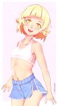  1girl :d artist_name bakemonogatari bare_arms bare_shoulders blonde_hair blush bow bra collarbone cowboy_shot female hair_bow heart idle_antics kizumonogatari looking_at_viewer looking_to_the_side monogatari_(series) navel open_mouth oshino_shinobu outside_border pointy_ears red_bow shorts smile solo underwear upper_teeth white_bra yellow_eyes 