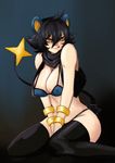  :q animal_ears between_legs bikini black_hair black_legwear breasts cleavage covered_nipples gen_4_pokemon hair_between_eyes hand_between_legs highres large_breasts licking_lips luxio ohkuu personification pokemon scarf short_hair sitting solo strap_gap swimsuit tail thighhighs tongue tongue_out tsurime vest wariza yellow_eyes 