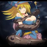  appei_(555) bare_shoulders bdsm blonde_hair blush bondage bound breasts cleavage dark_magician_girl duel_monster female forced gradient gradient_background green_eyes hat large_breasts long_hair open_mouth pain sweat tears tentacle wizard_hat yu-gi-oh! yuu-gi-ou_duel_monsters 