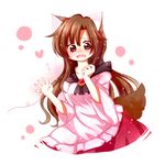  animal_ears blush breasts brooch brown_hair dress heart imaizumi_kagerou jewelry long_hair long_sleeves looking_at_viewer medium_breasts open_mouth red_eyes red_string solo string sweatdrop tail totoharu_(kujirai_minato) touhou wolf_ears wolf_tail 