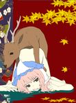  1girl all_fours animal ass bestiality brown_eyes clenched_teeth deer doggystyle empty_eyes hat jitome kirinourion lavender_hair leaf maple_leaf nude pale_skin saigyouji_yuyuko sex teeth top-down_bottom-up touhou 