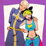  1girl black_hair dark_skin double_bun enrico_pucci green_hair jojo_no_kimyou_na_bouken kuujou_jolyne midriff multicolored_hair two-tone_hair white_hair yyy246 