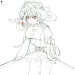  bow breasts chiyoshi_(sevendw) clothed_masturbation crotch_rub large_breasts masturbation masturbation_through_clothing monochrome pussy_juice shiki_eiki short_hair solo sweat table table_sex touhou 