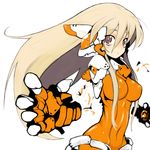  bodysuit borrowed_character breasts brown_eyes colorized disembodied_limb food highres large_breasts long_hair looking_at_viewer navel nekodason orange_bodysuit original parts_exposed simple_background sketch solo standing upper_body very_long_hair white_background 