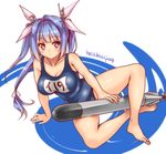  arm_support artist_name bad_id bad_twitter_id between_legs blue_hair blush breasts dated hair_ornament hair_ribbon heart heart-shaped_pupils i-19_(kantai_collection) kantai_collection large_breasts long_hair looking_at_viewer name_tag one-piece_swimsuit pink_eyes ribbon school_swimsuit signature smile solo swimsuit symbol-shaped_pupils torpedo tri_tails two_side_up umyonge_(lkakeu) 